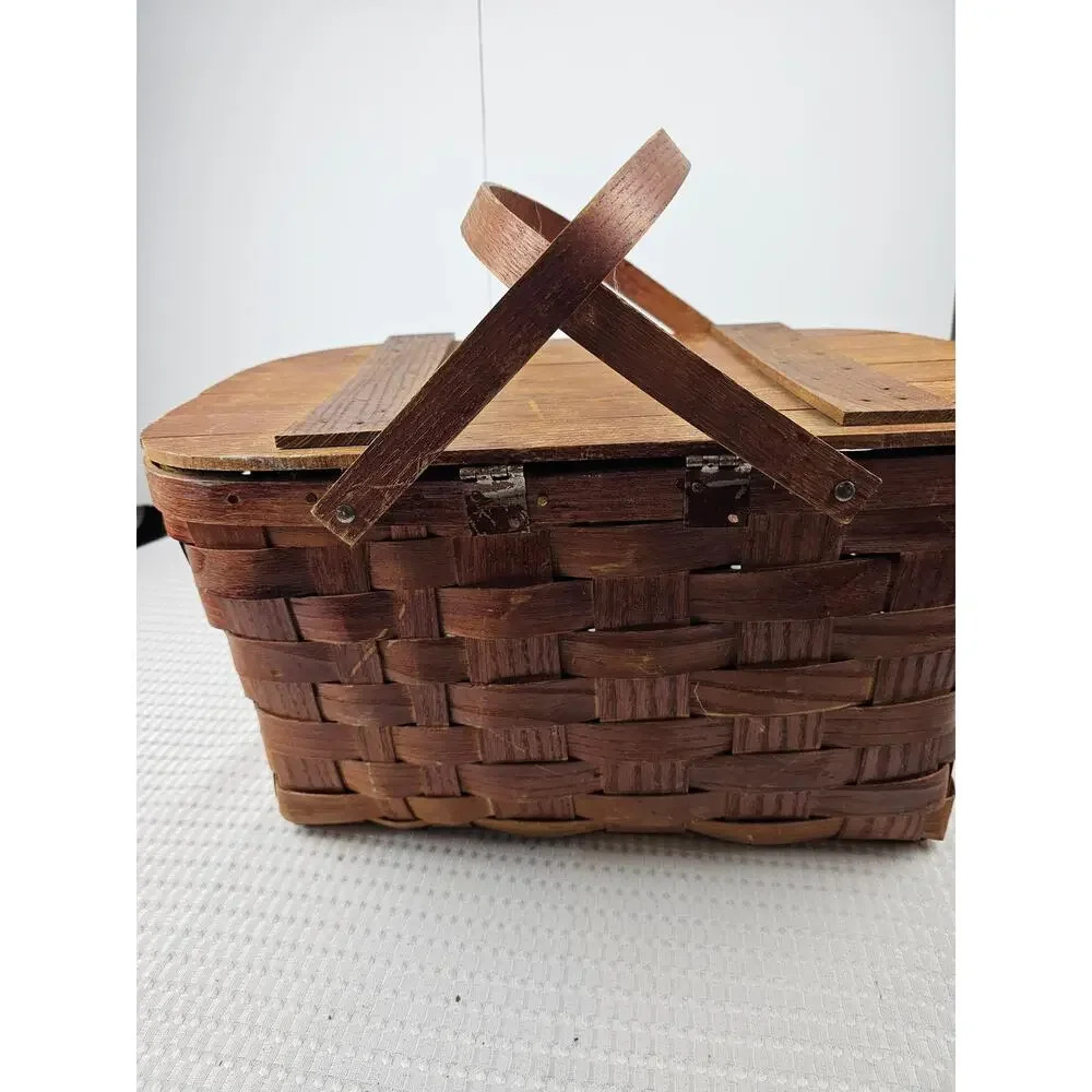 VINTAGE 1940-50's WOV-N-WOOD by‎ JERYWIL PICNIC BASKET ~ WOODEN ~ RUSTIC ~ RETRO
